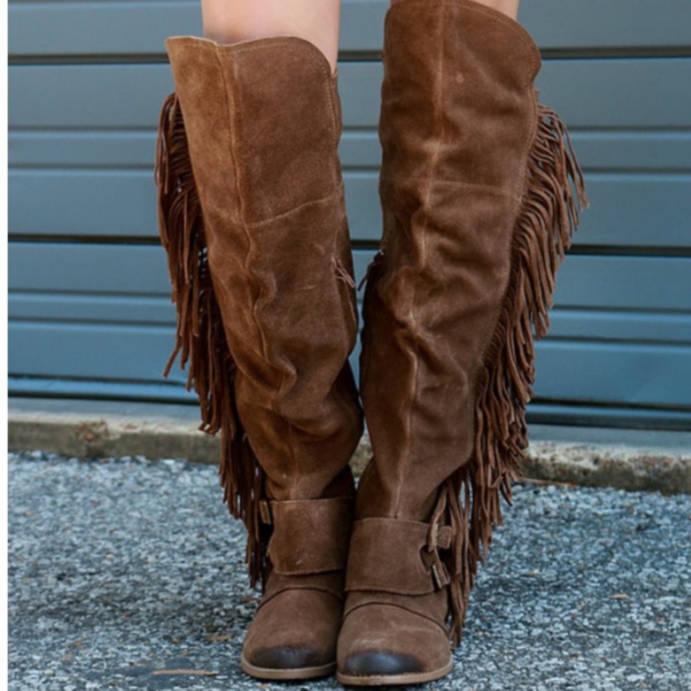 Fringe Thrills Tan Equestrian Suede Knee Boots